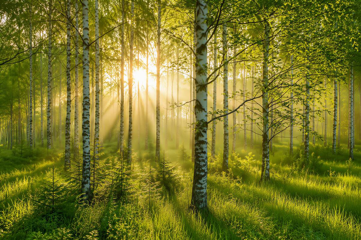 Fotobehang ochtend in het berkenbos