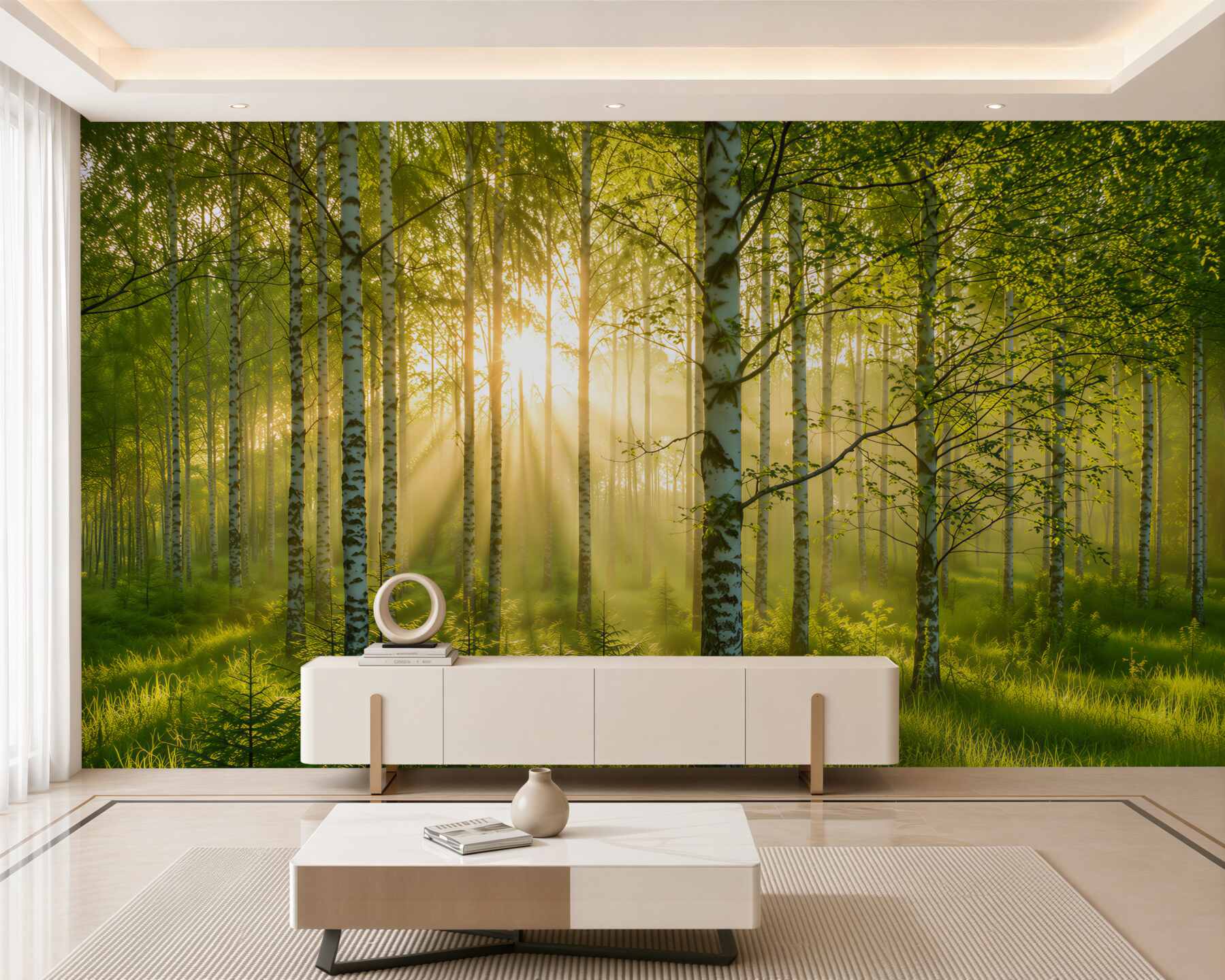 Fotobehang ochtend in het berkenbos