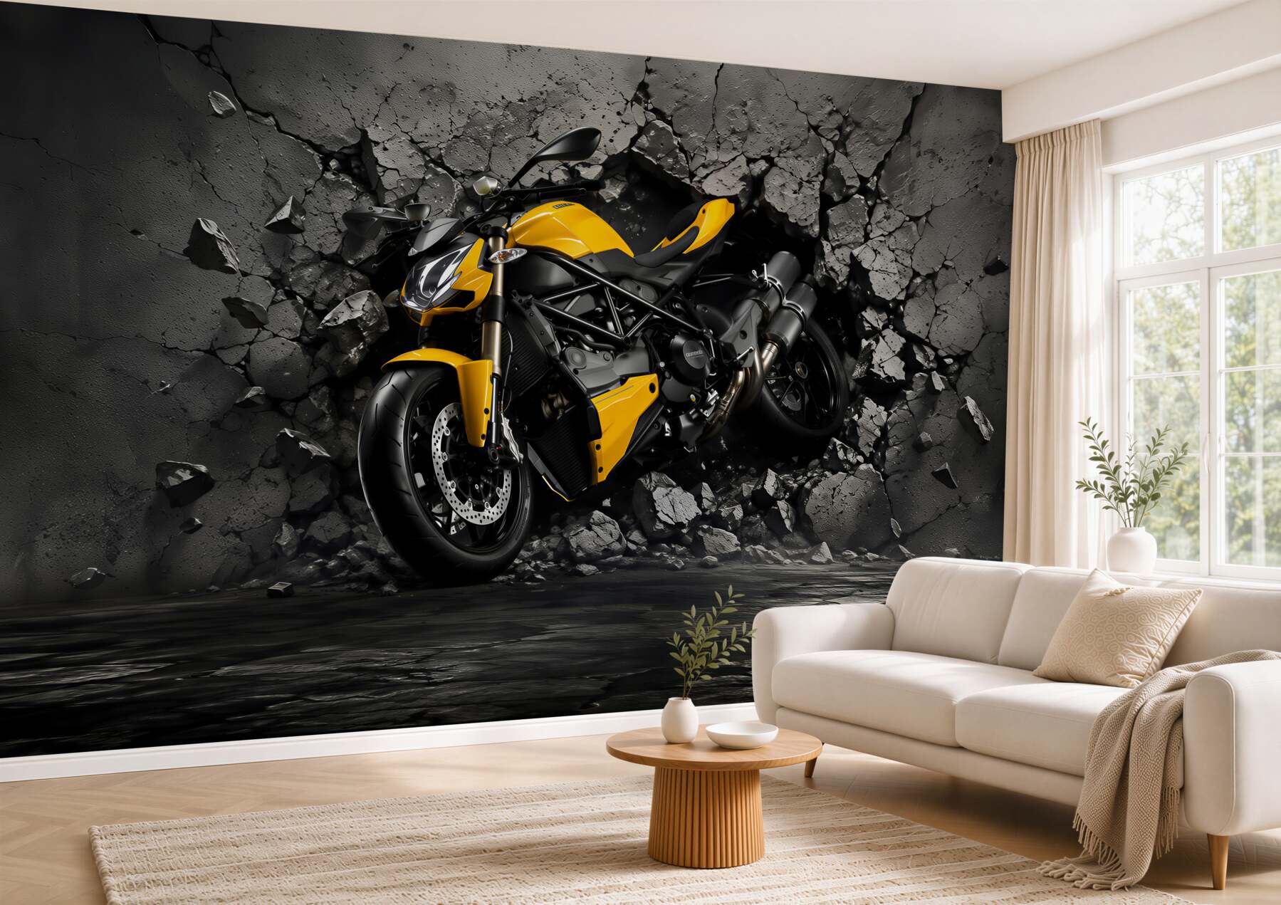 Fotobehang gele motorfiets op graffiti