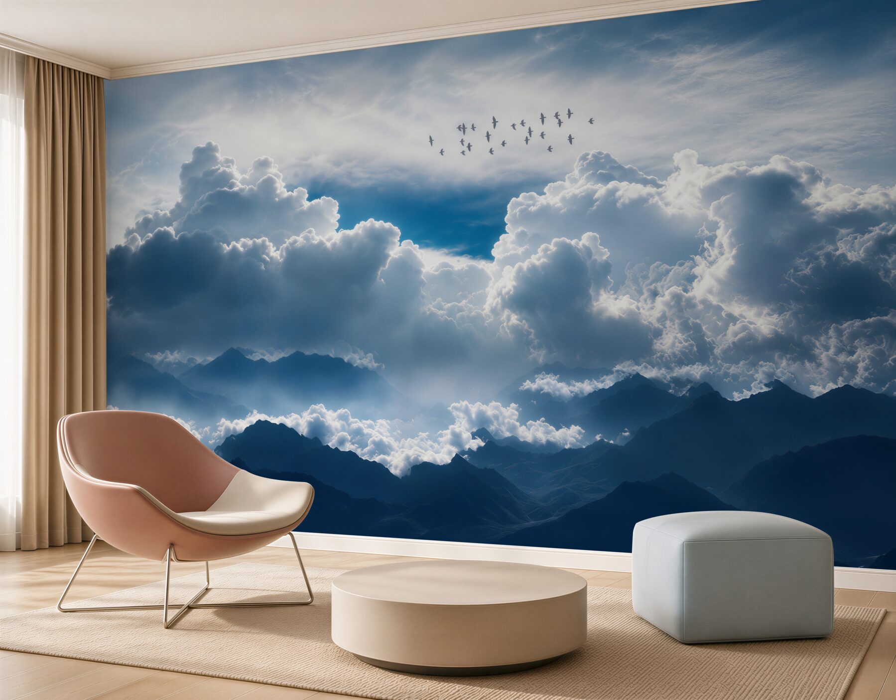 Fotobehang zwerm vogels boven dichte wolken