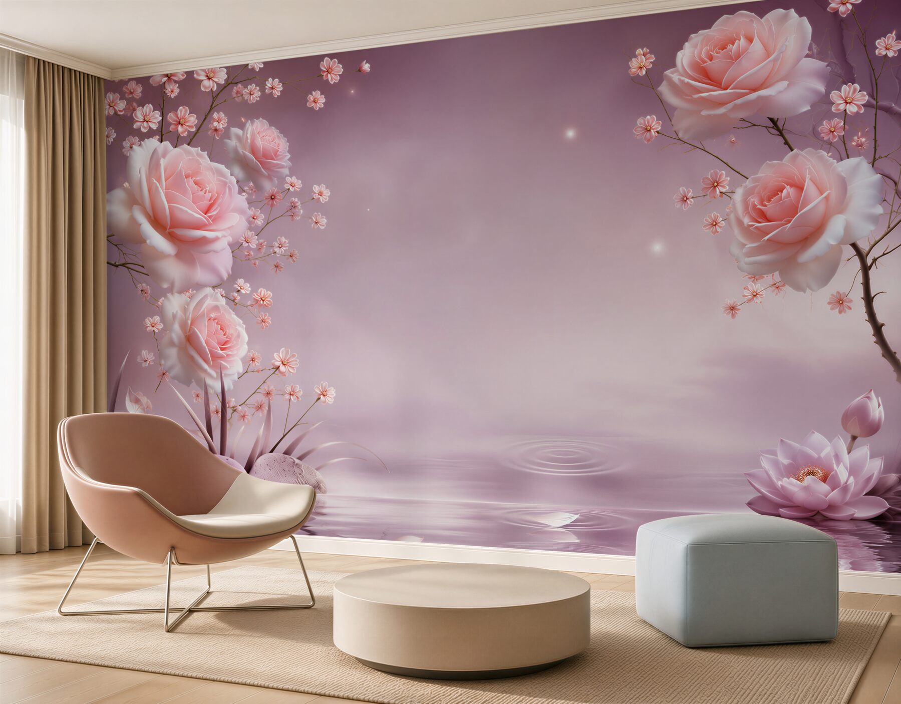 Fotobehang bloeiende bloemen boven water