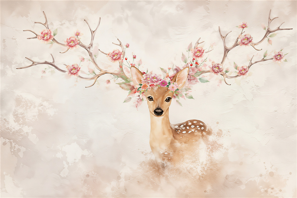 Fotobehang Hert geschilderd met bloemen op de hoorns