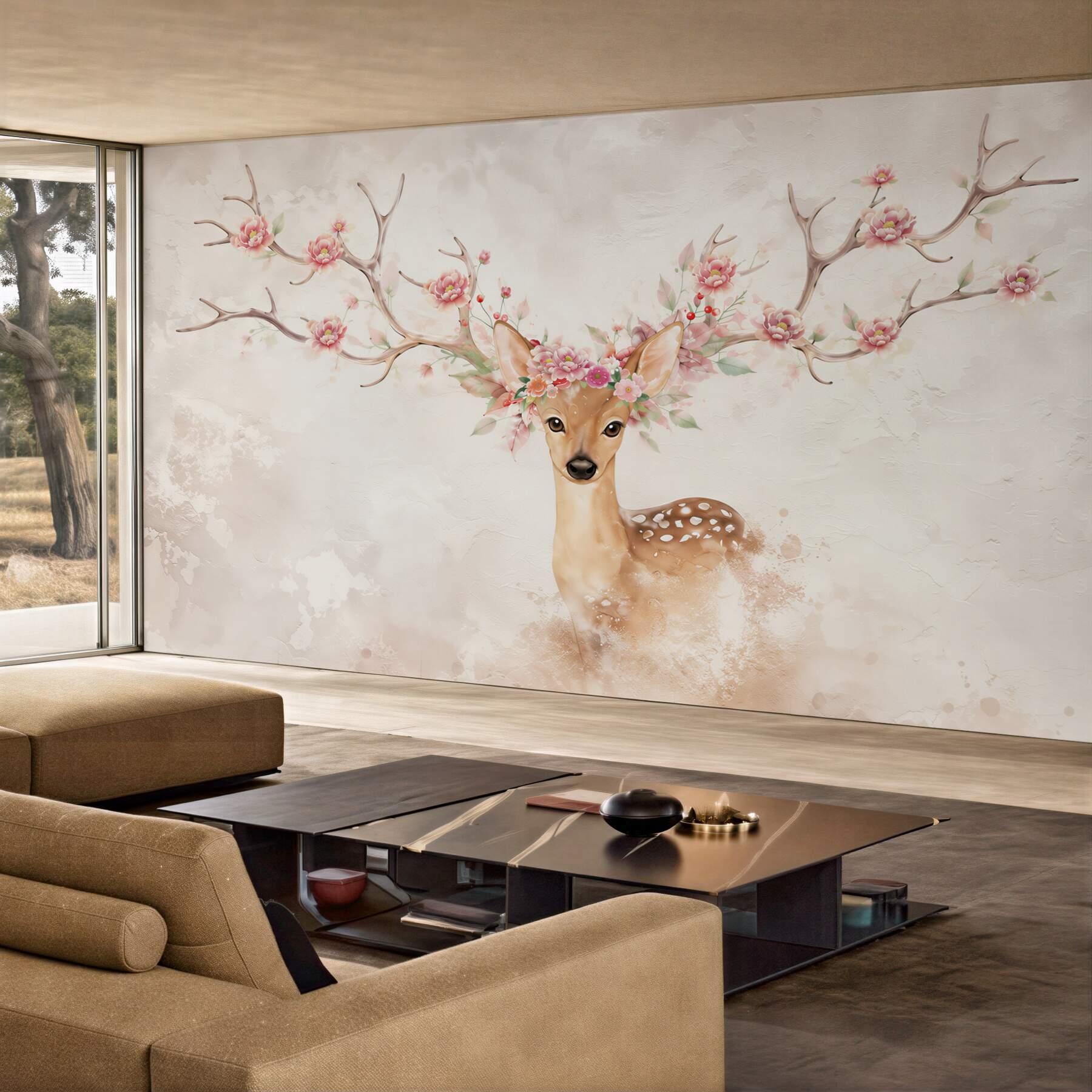 Fotobehang Hert geschilderd met bloemen op de hoorns