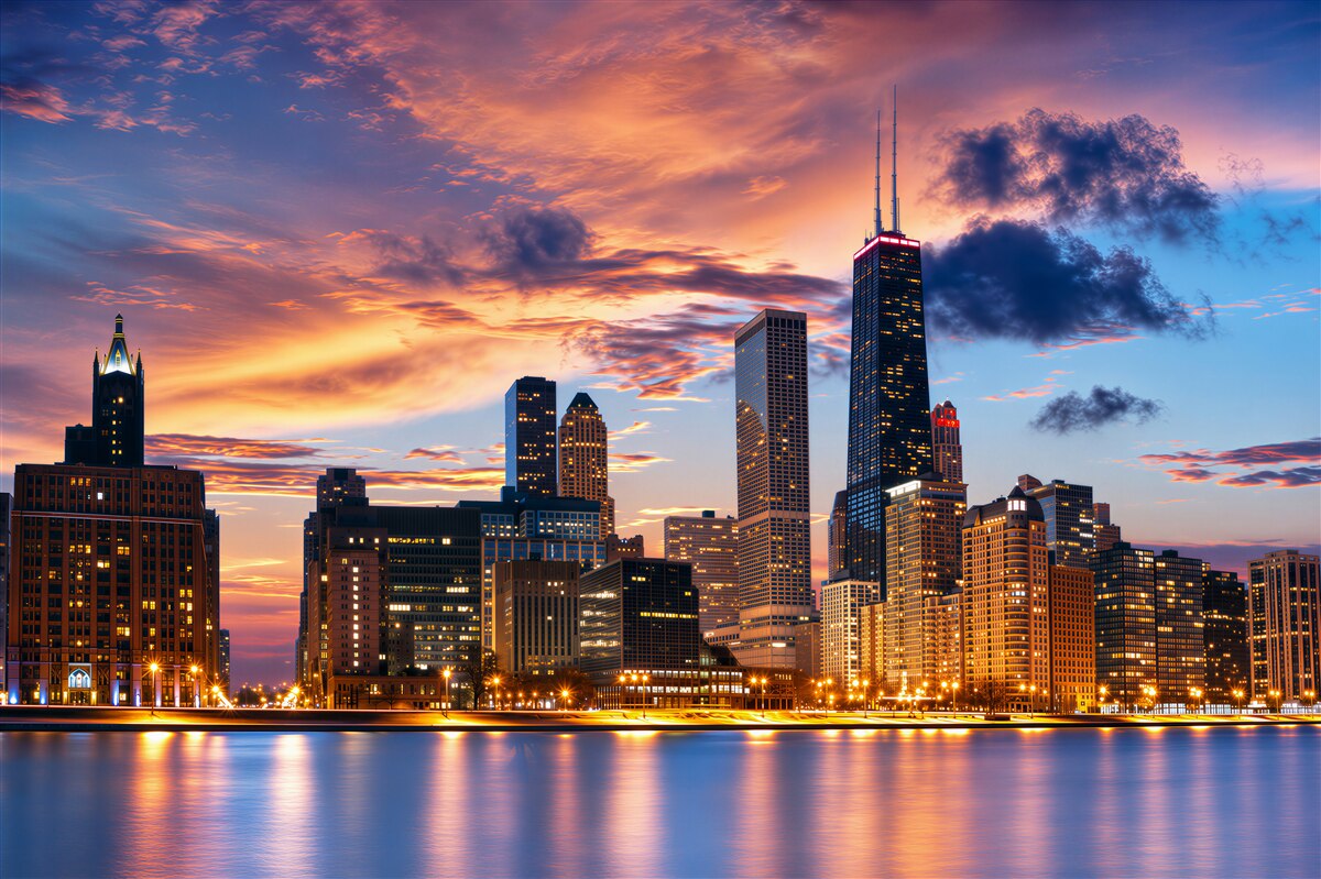 Fotobehang zonsondergang boven Chicago, Illinois
