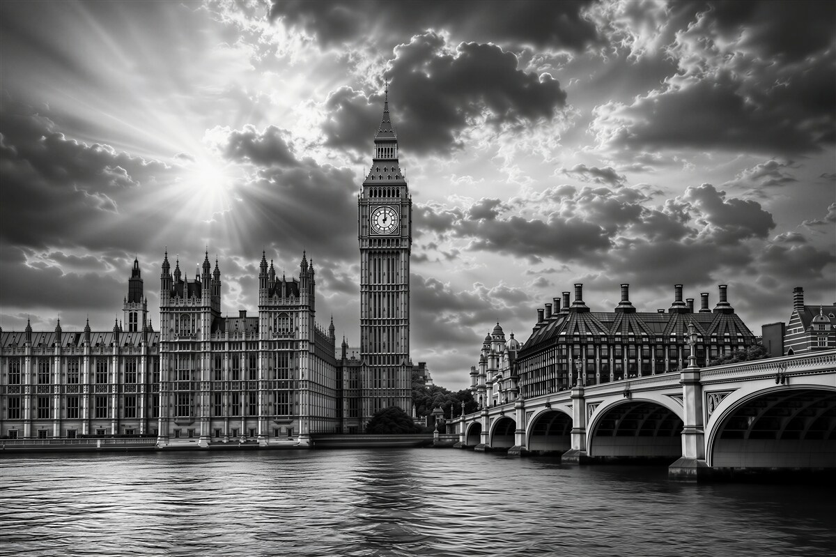 Fotobehang Big Ben zwart-wit Londen