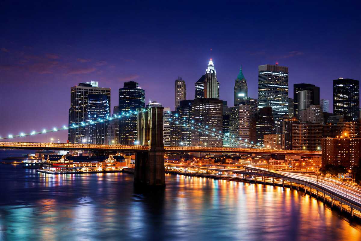 Fotobehang nachtlandschap van de Brooklyn Bridge