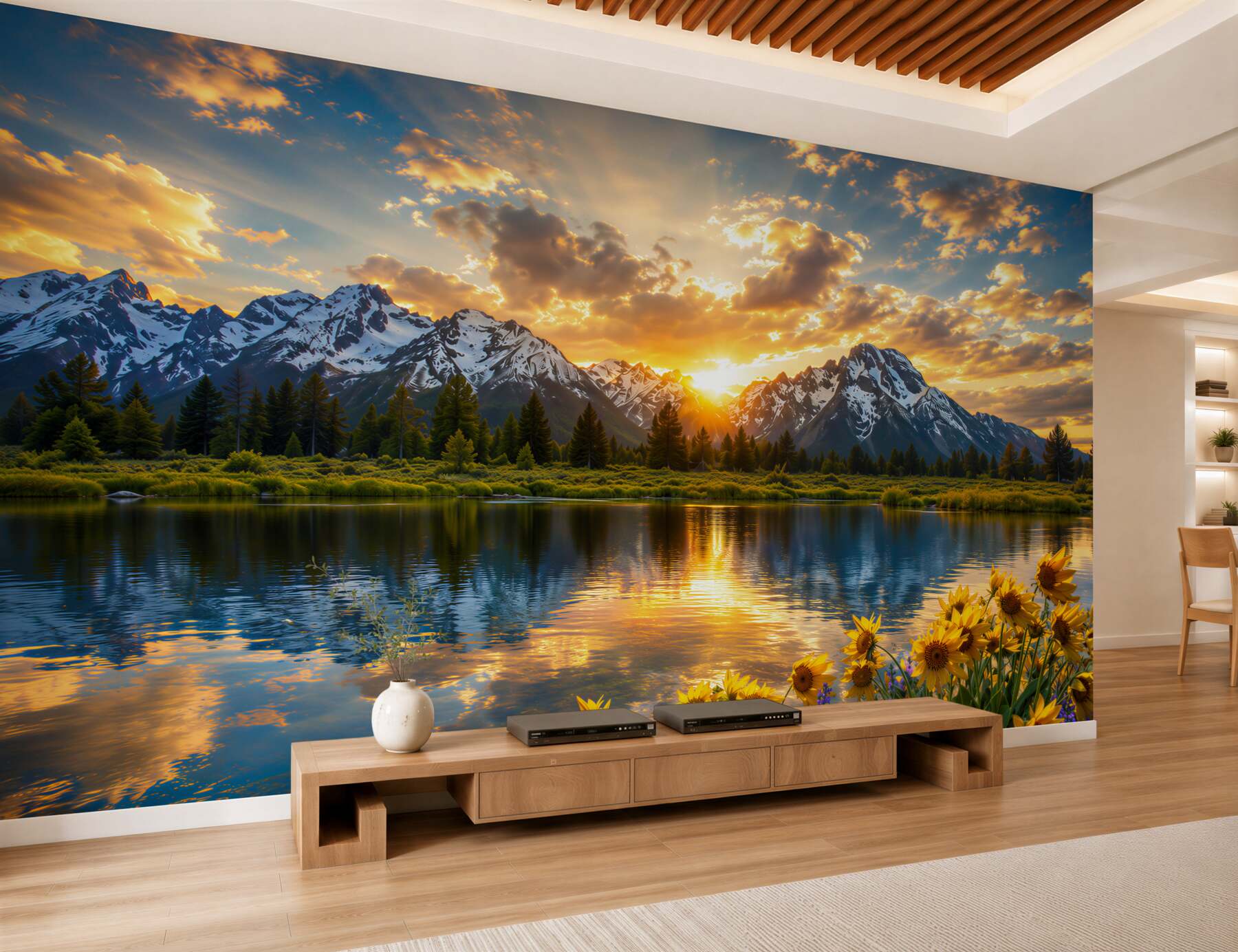 Fotobehang fantastische zonsondergang boven een bergbeek