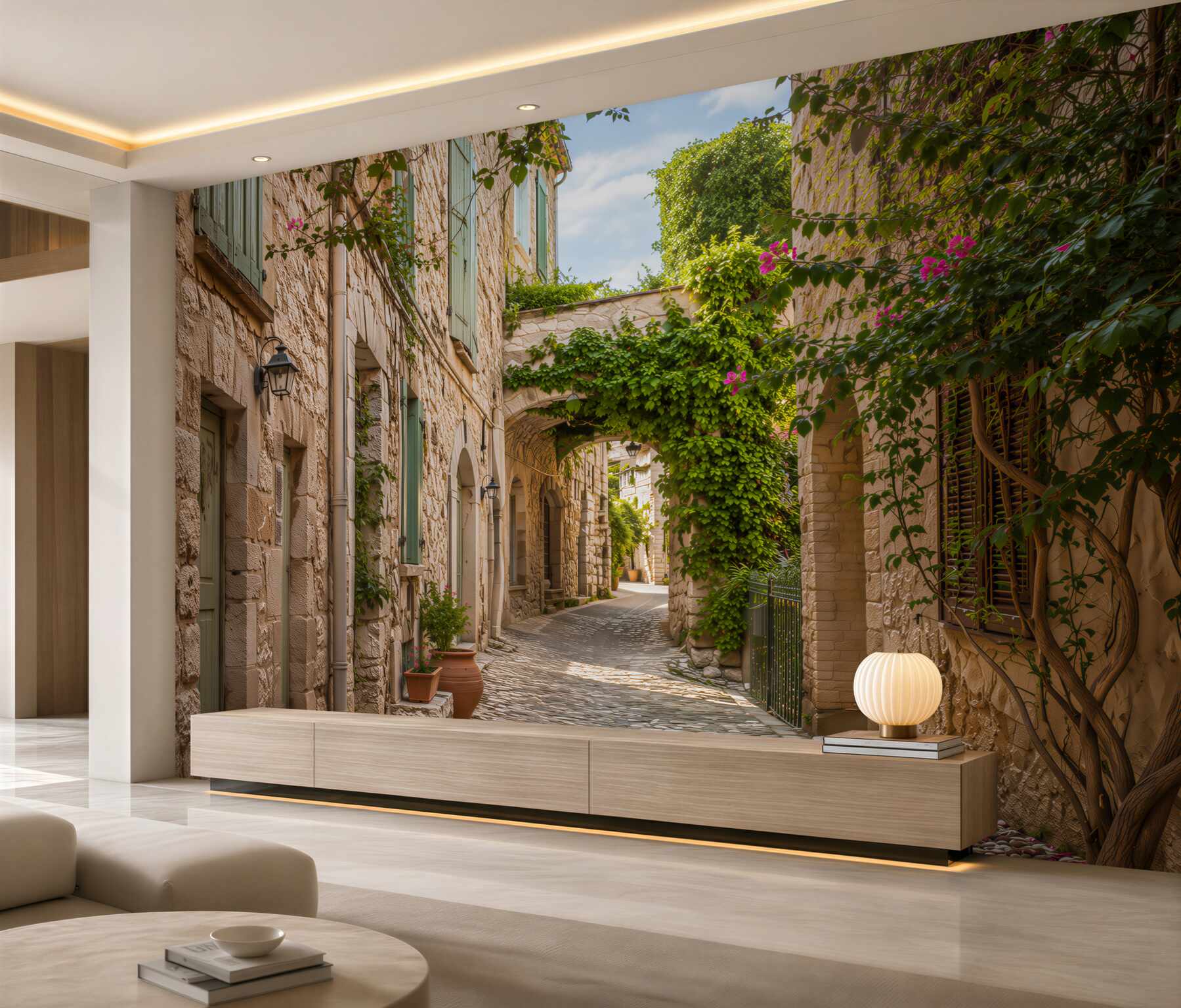 Fotobehang oude smalle straat met levende planten