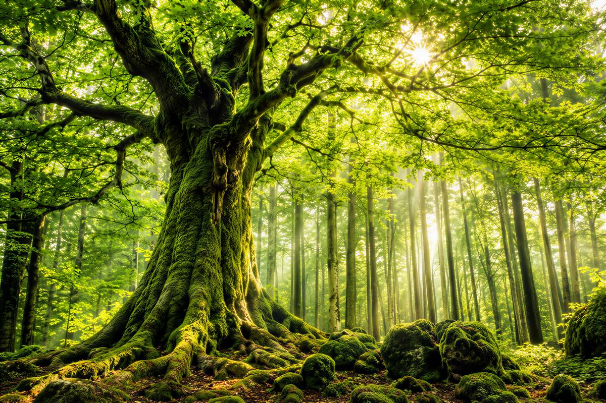Fotobehang krachtige levensboom ontmoet de dageraad