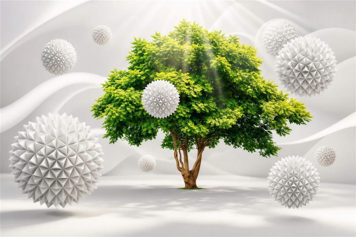 Fotobehang witte ballen op een groene houten achtergrond met zonnestralen