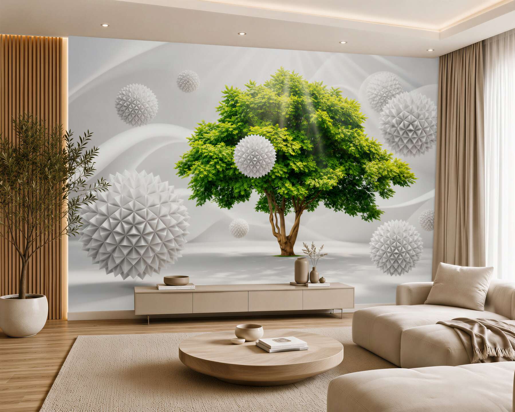 Fotobehang witte ballen op een groene houten achtergrond met zonnestralen
