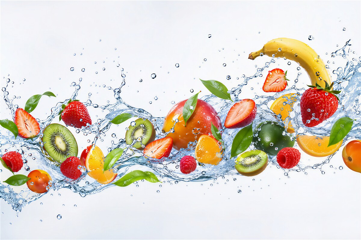 Fotobehang fruit en bessen in waterdruppels
