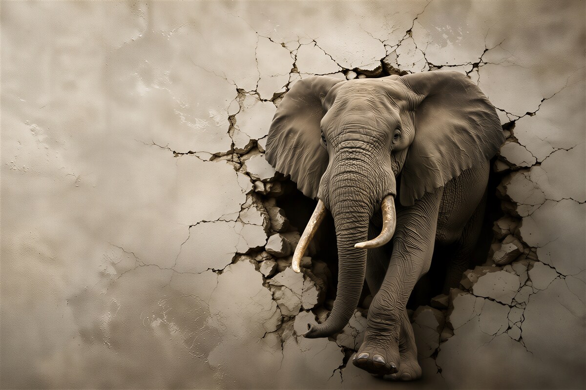 Fotobehang krachtige olifant die door de grijze muur breekt