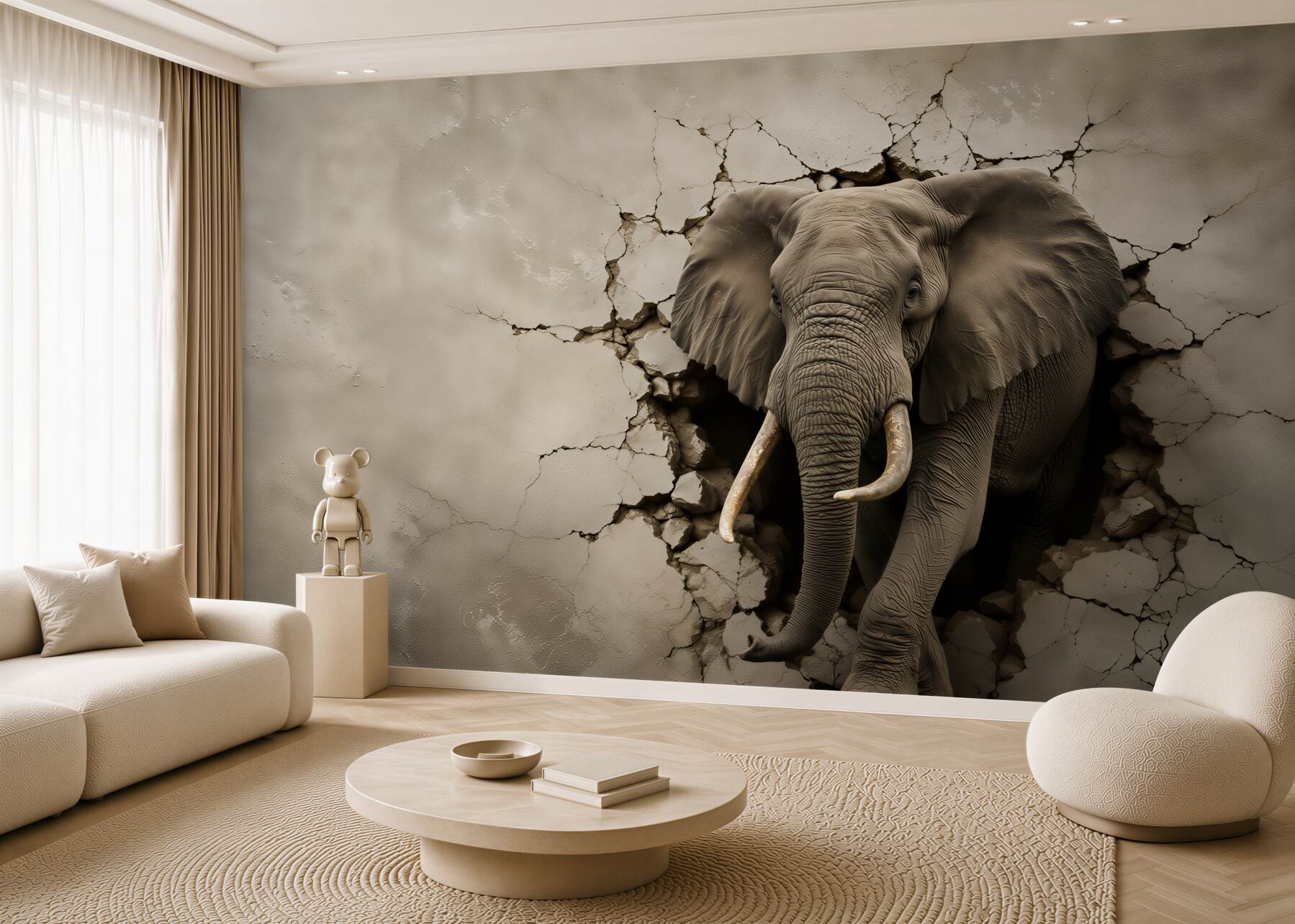 Fotobehang krachtige olifant die door de grijze muur breekt