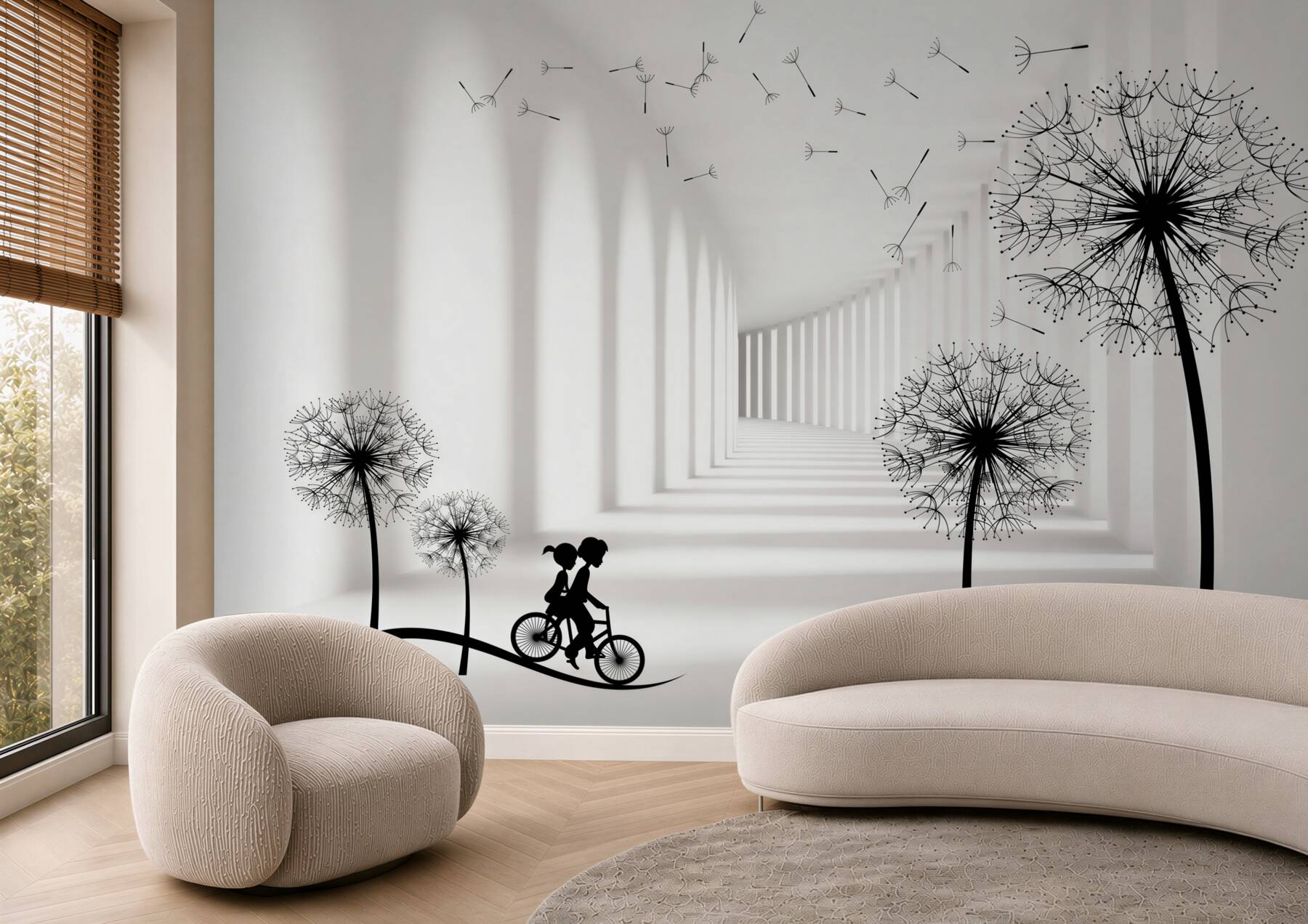 Fotobehang paardenbloemen die in de wind vallen