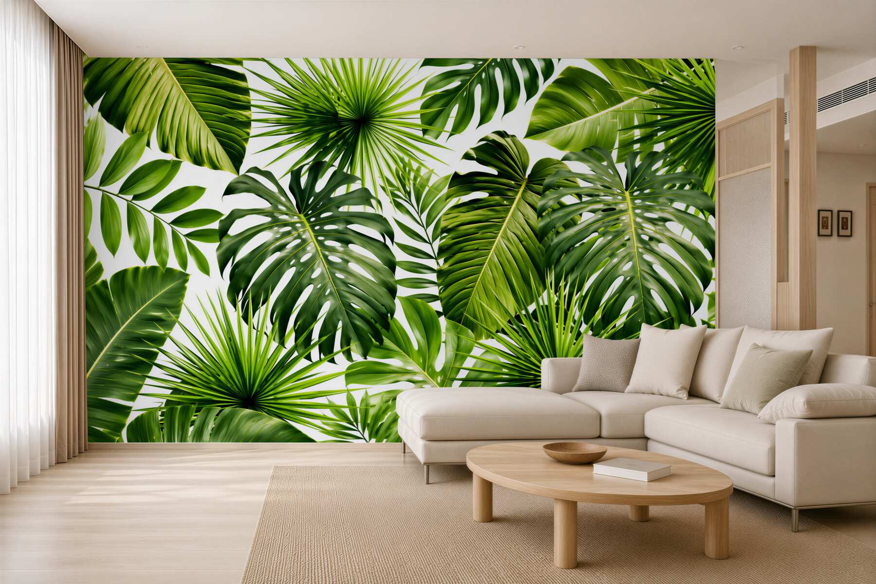 Fotobehang grote bladeren van monstera en banaan op een witte achtergrond