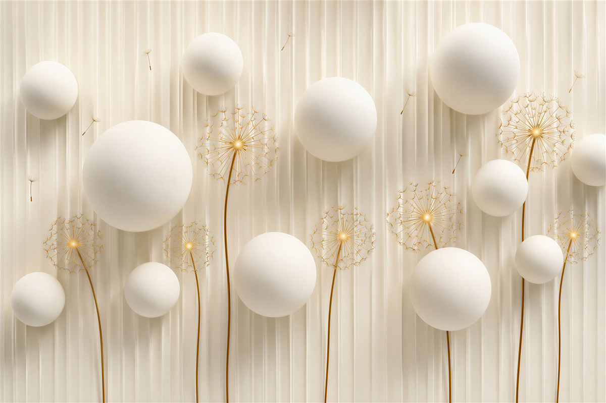 Fotobehang witte paardenbloem met bollen in compositie