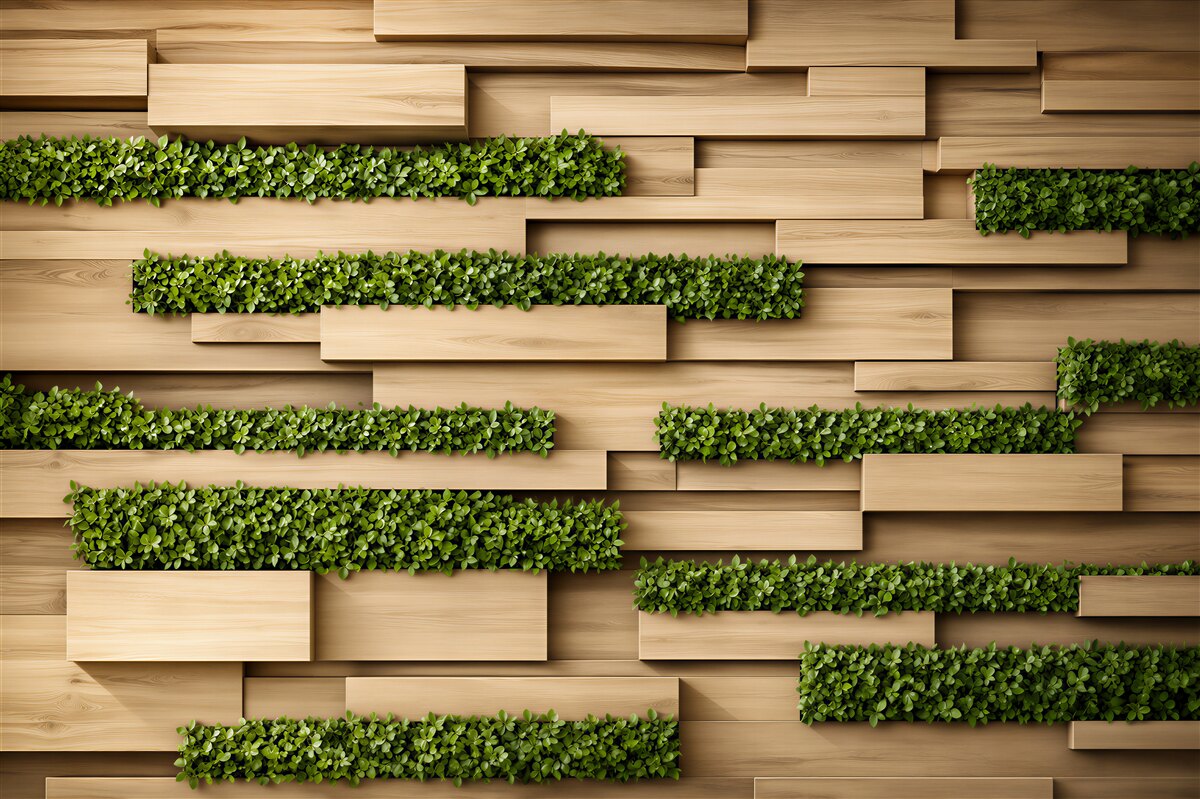 Fotobehang stenen muur met groene planten