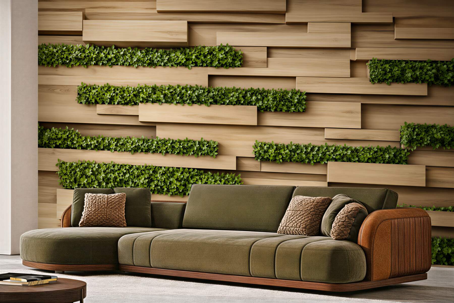 Fotobehang stenen muur met groene planten