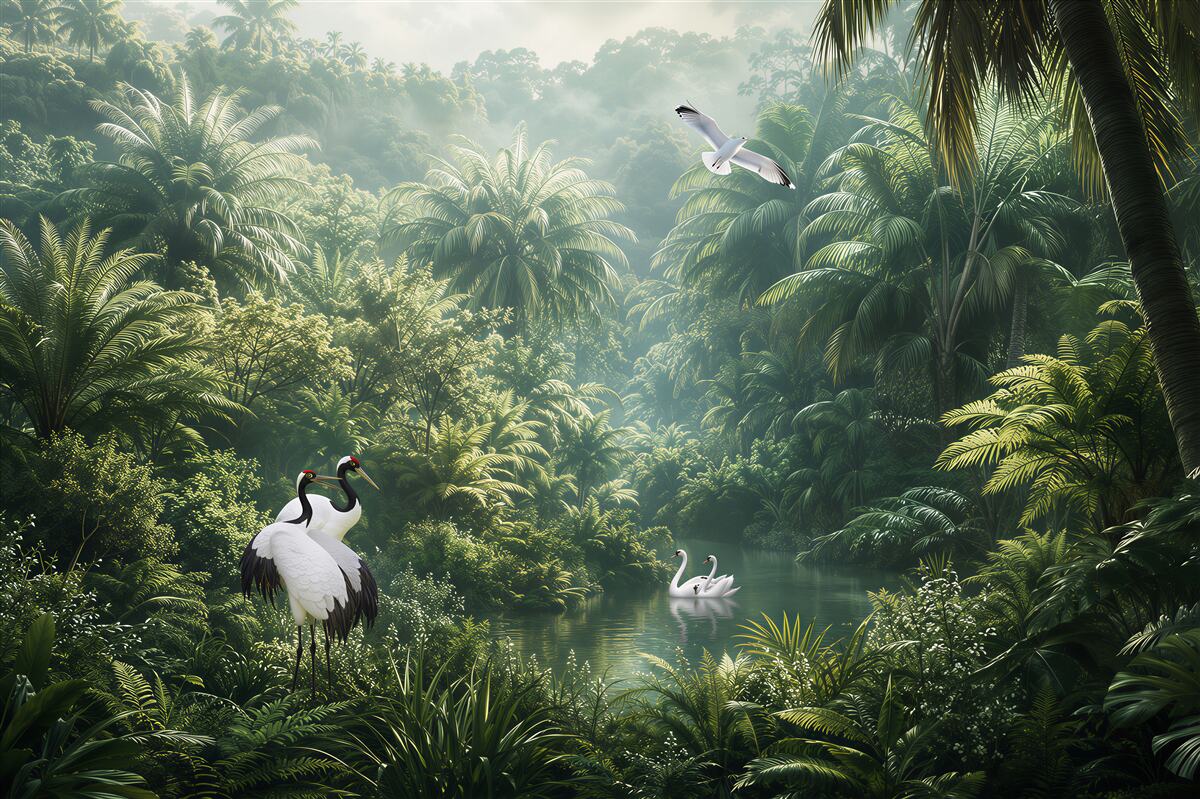 Fotobehang weelderige junglevegetatie en vogels