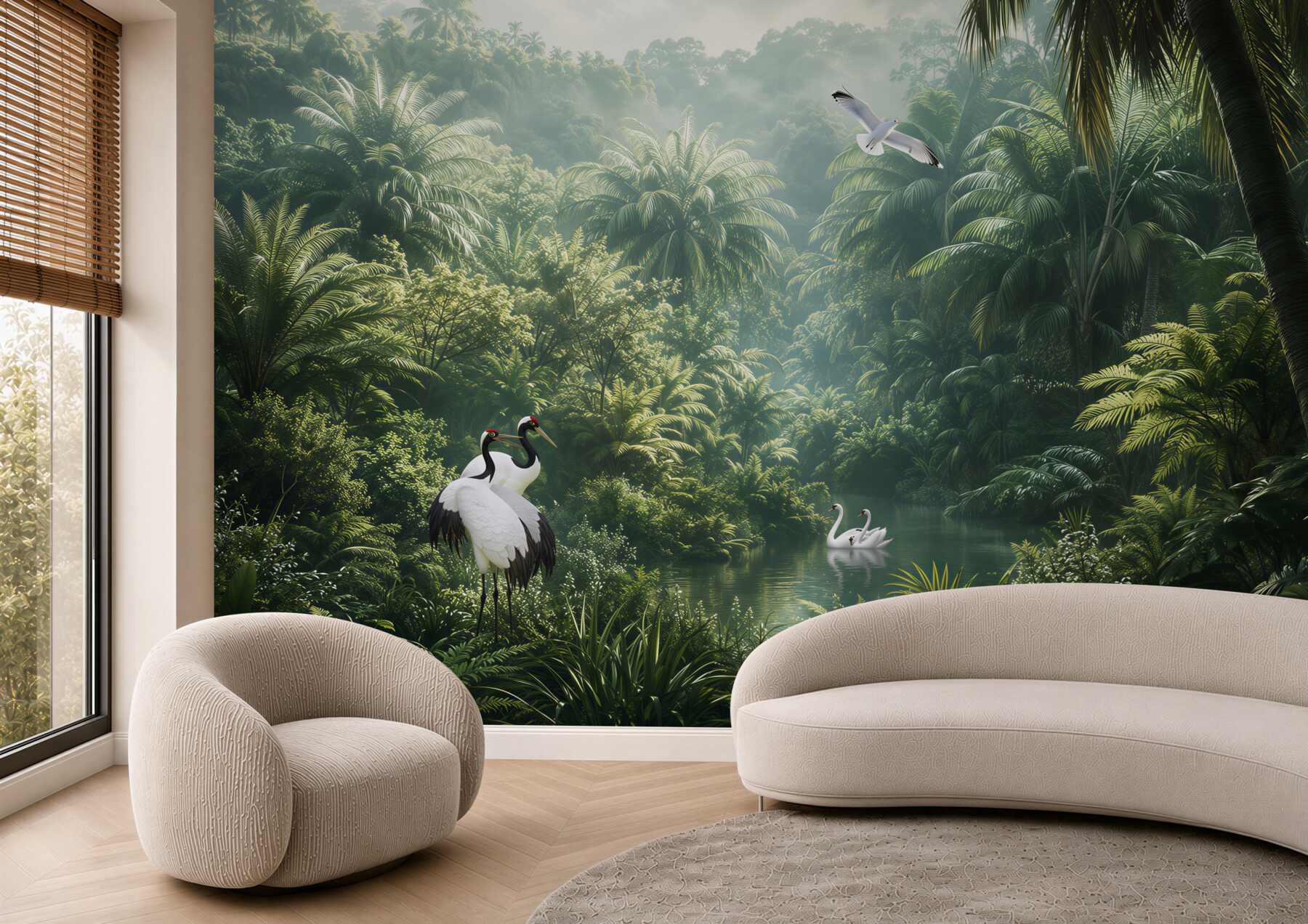 Fotobehang weelderige junglevegetatie en vogels