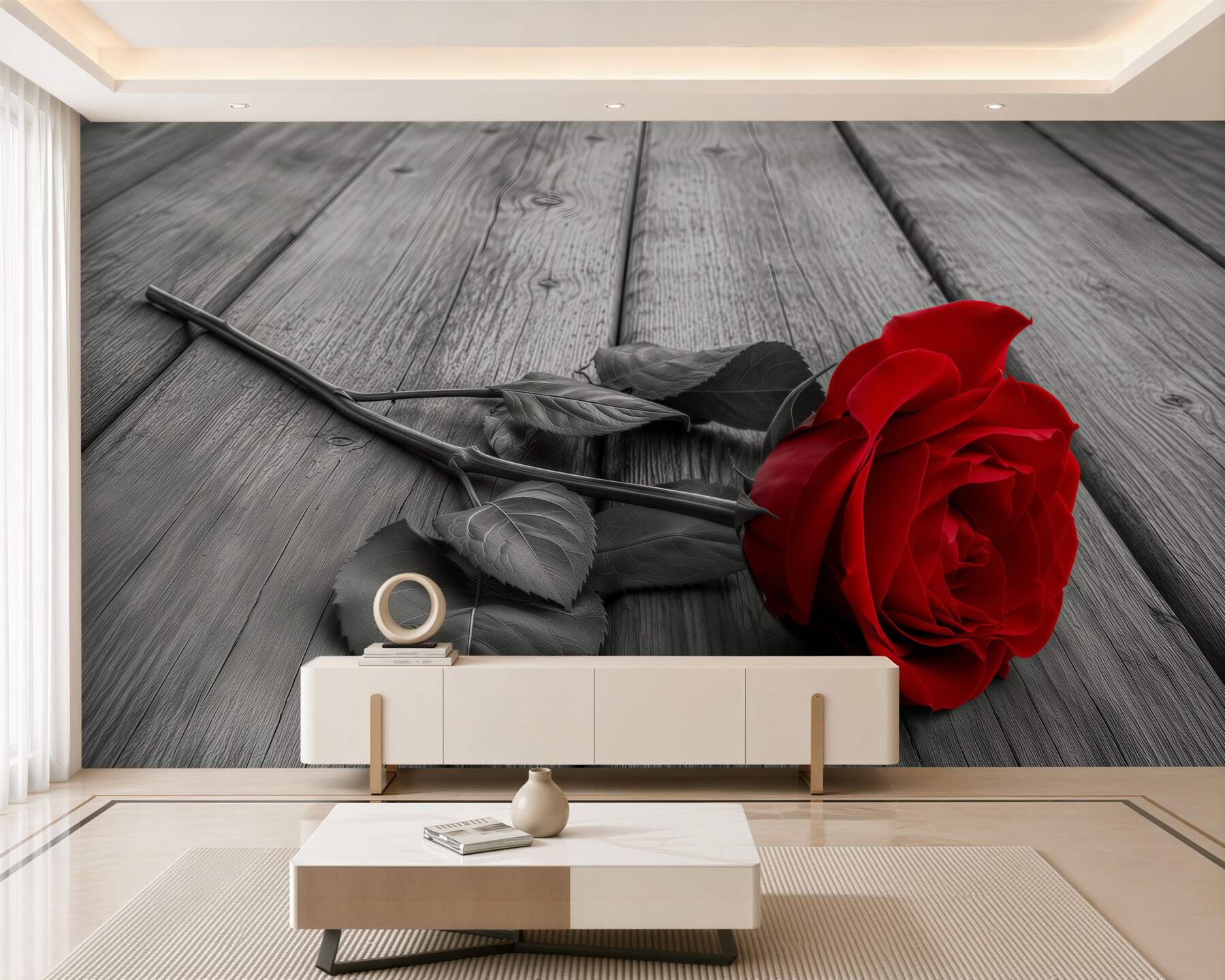 Fotobehang rode roos op een grijze achtergrond