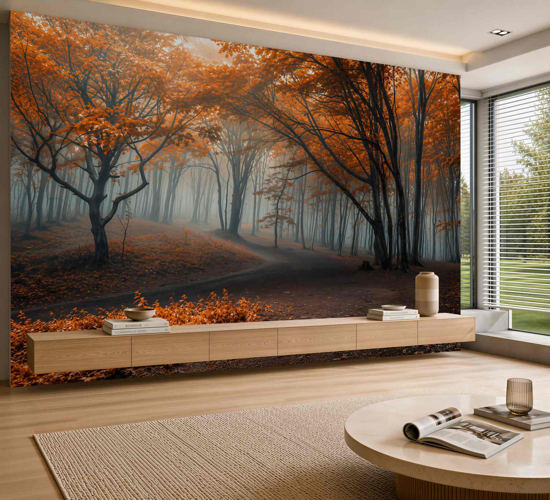 Fotobehang pad in een mistig herfstbos