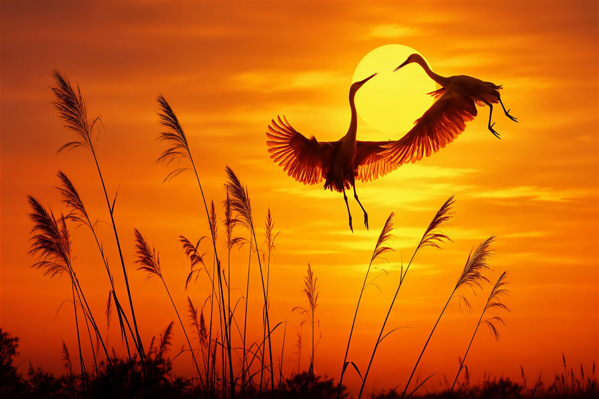 Fotobehang kraanvogels die de zonsondergang observeren