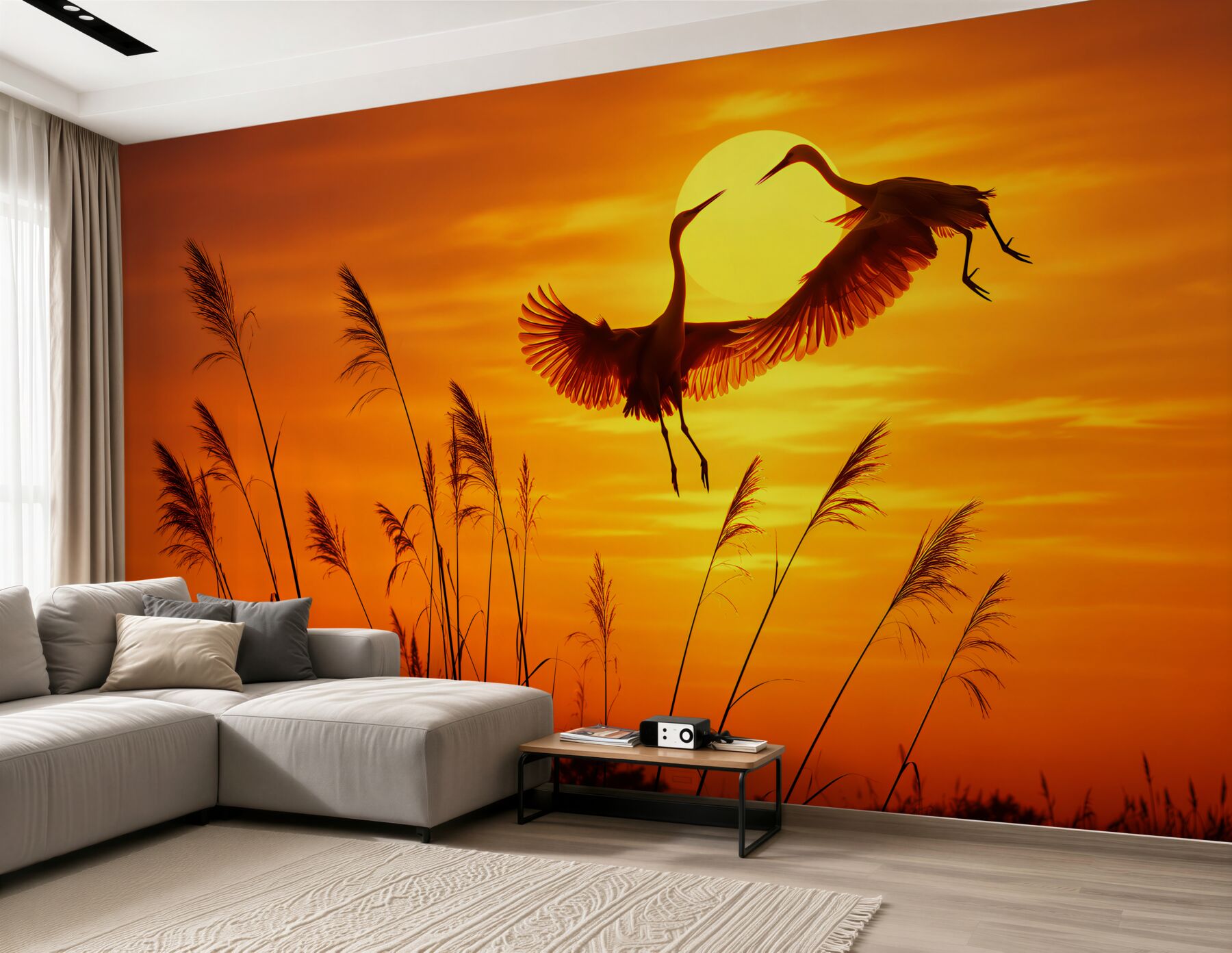 Fotobehang kraanvogels die de zonsondergang observeren
