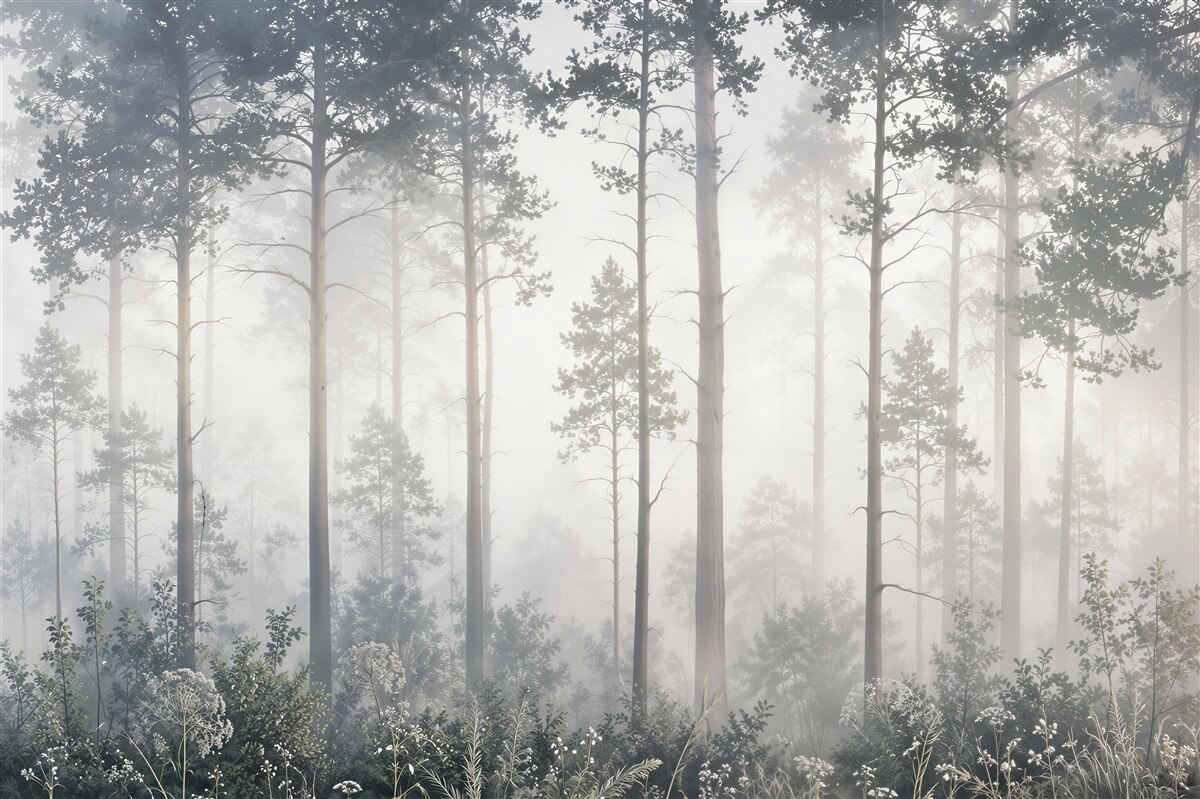 Fotobehang ondoordringbare mist in het bos