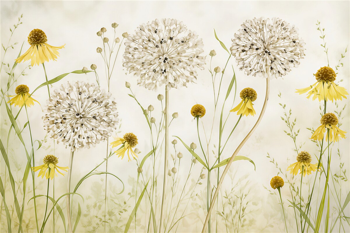 Fotobehang paardenbloemen en gele bloemen