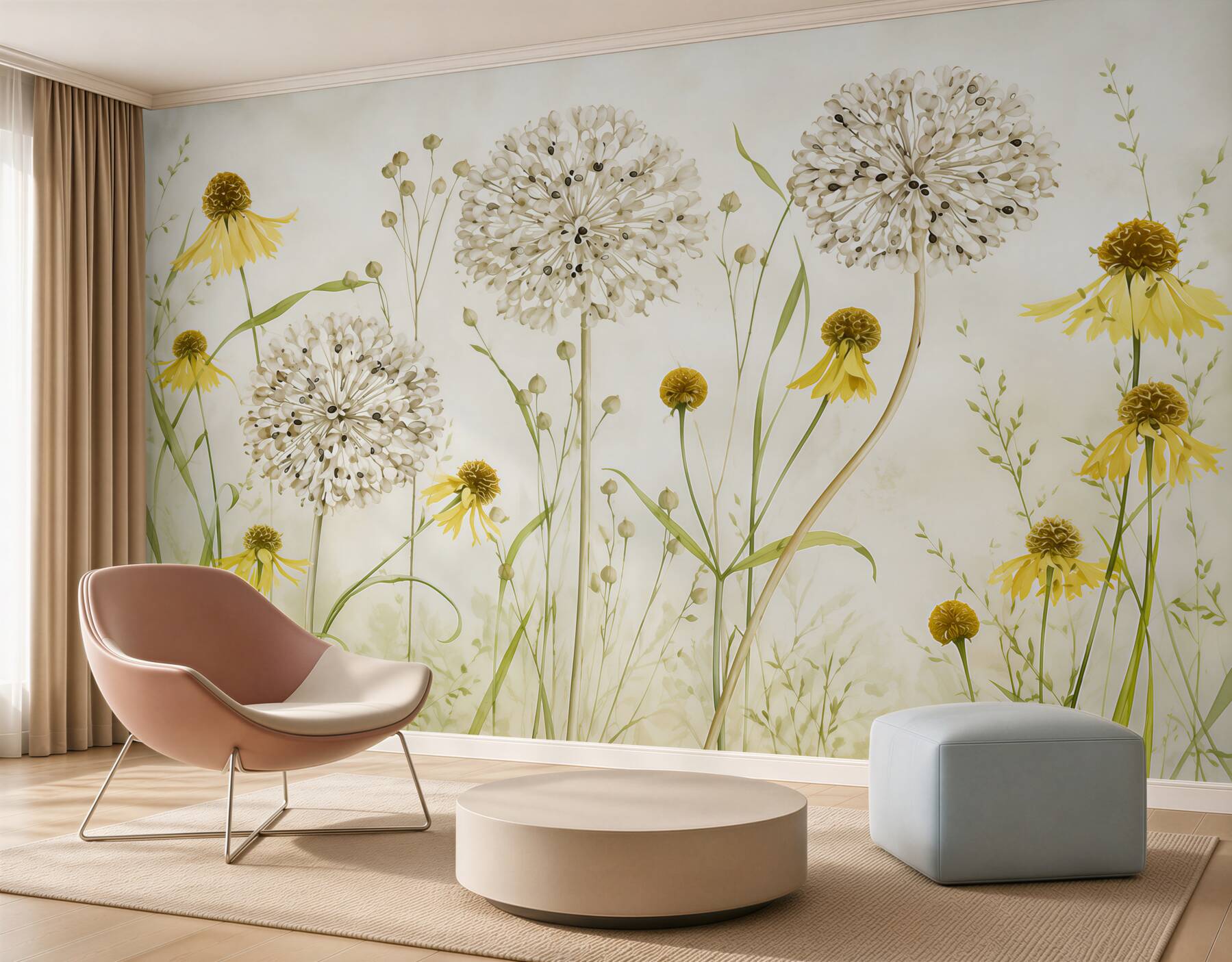 Fotobehang paardenbloemen en gele bloemen