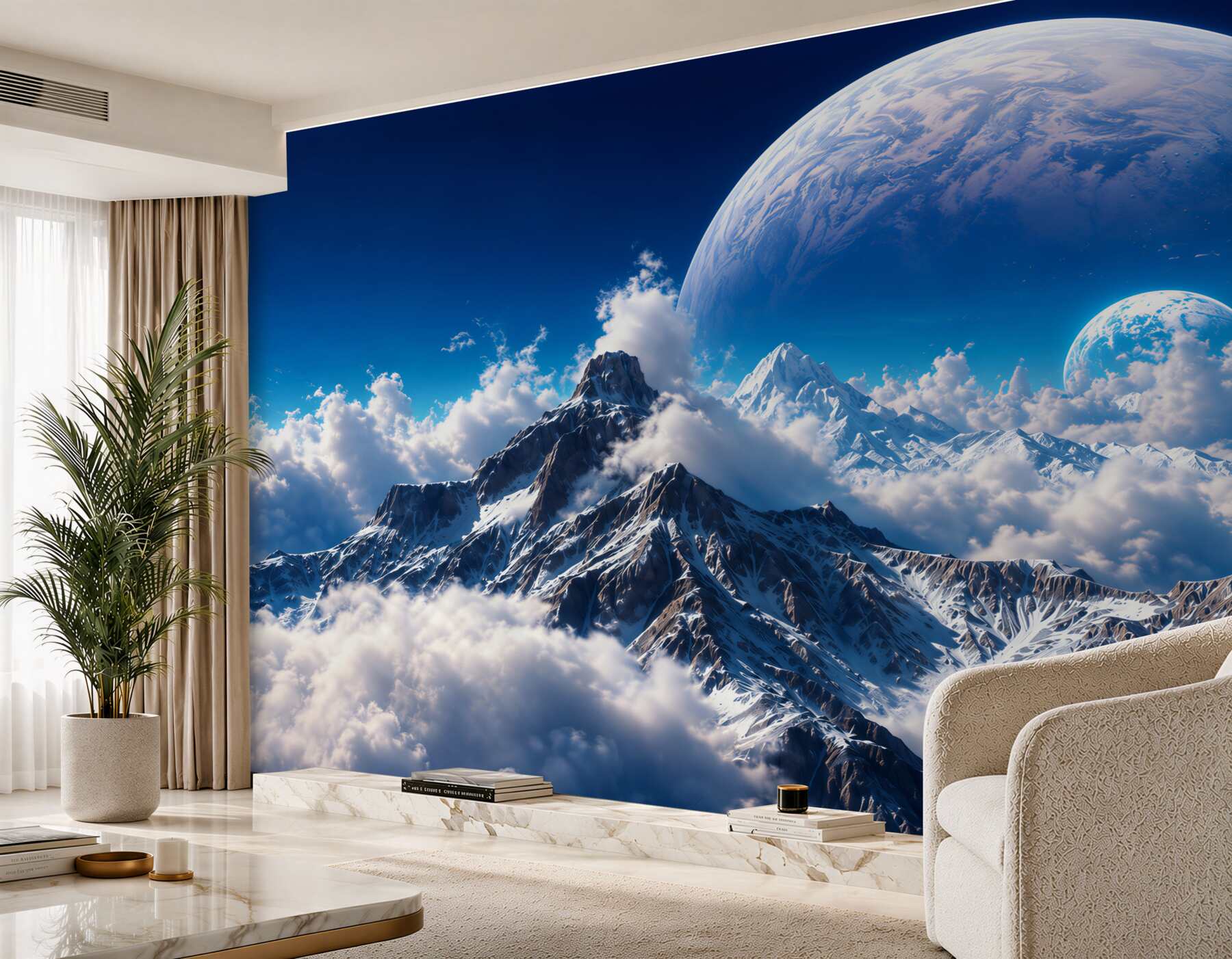 Fotobehang kosmische lucht boven de bergen in de wolken