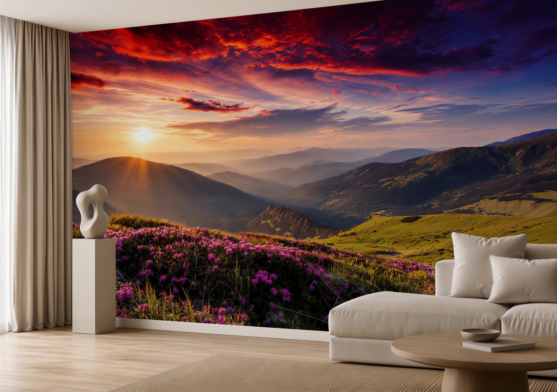 Fotobehang heldere bloemen op de berghellingen bij zonsopgang