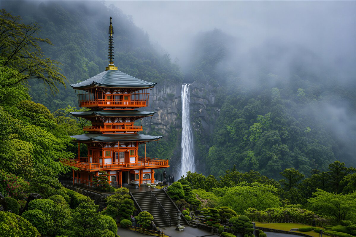 Fotobehang waterval in een Japanse pagode