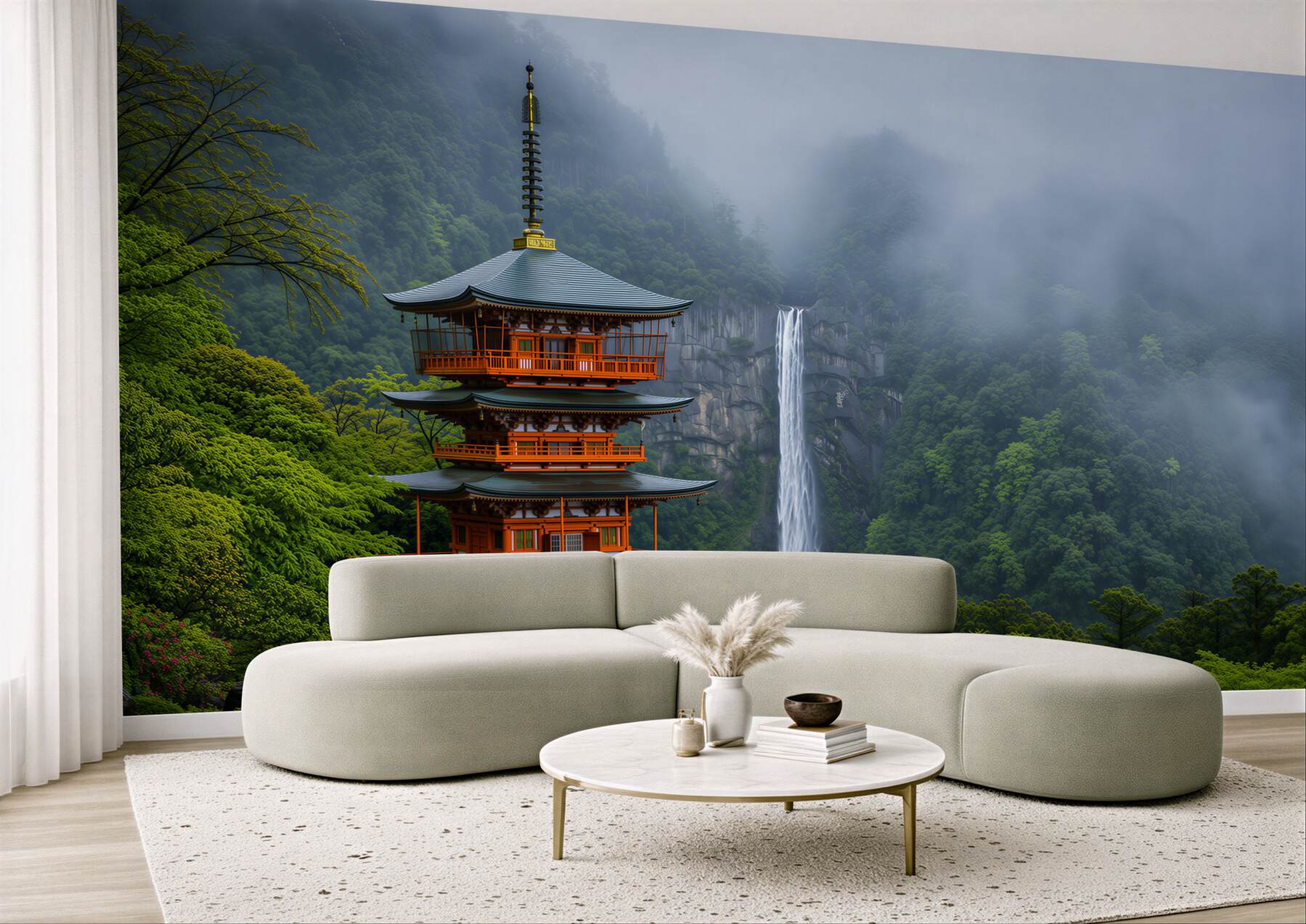 Fotobehang waterval in een Japanse pagode
