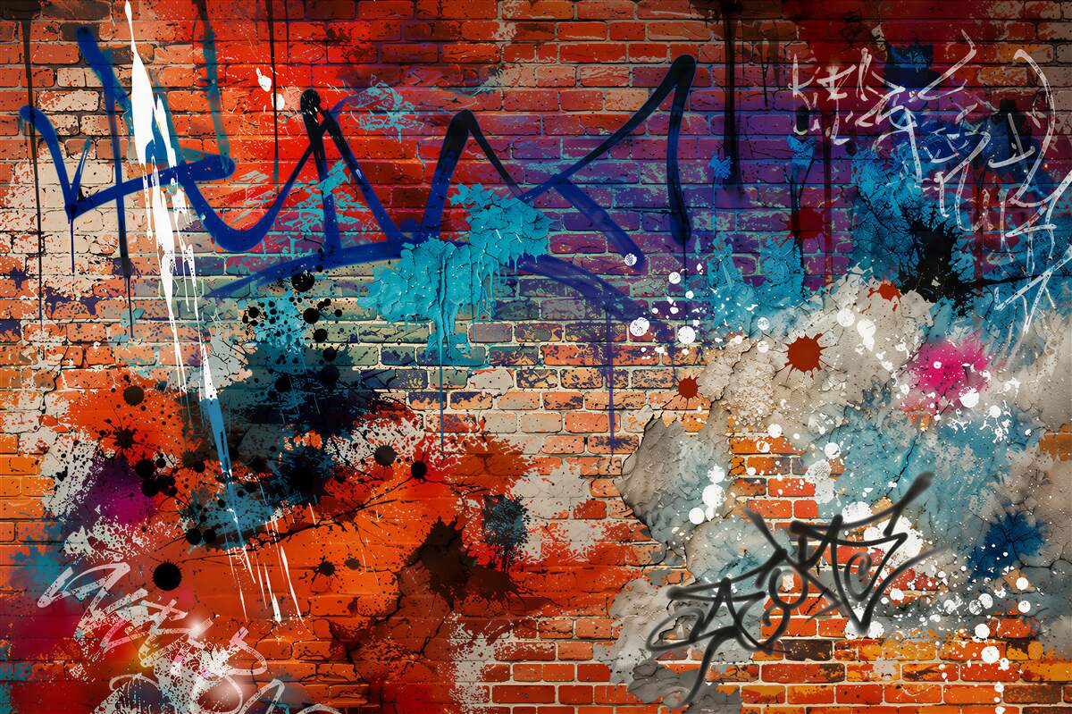 Fotobehang kleurrijke graffiti op rode baksteen