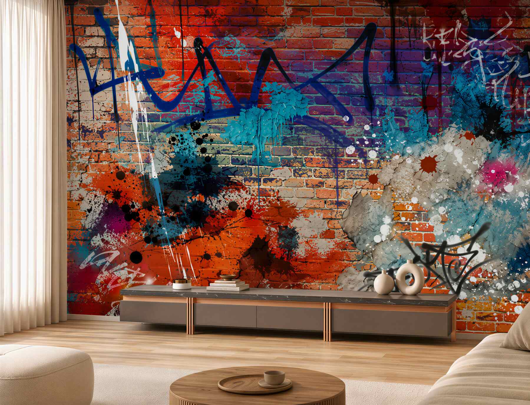 Fotobehang kleurrijke graffiti op rode baksteen