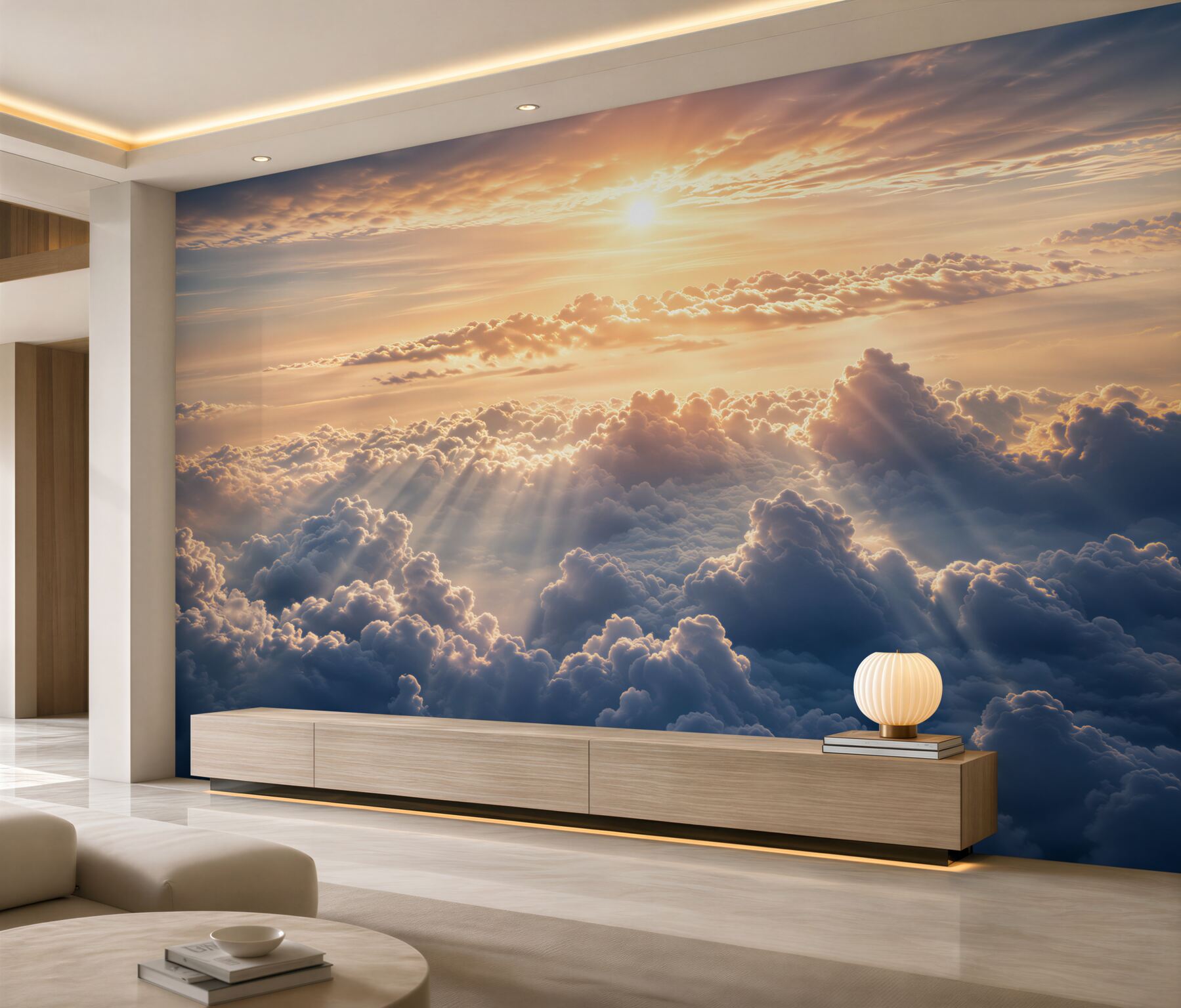Fotobehang zonsopgang boven dikke wolken