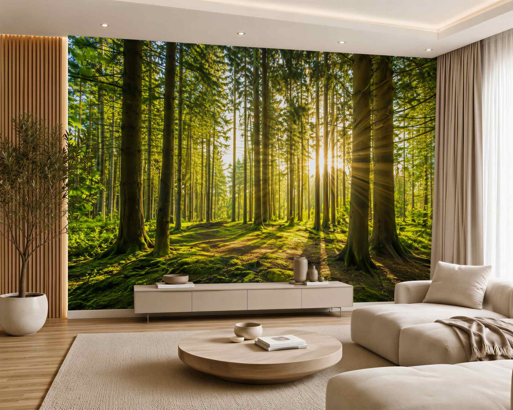 Fotobehang zonnestralen tussen slanke bomen