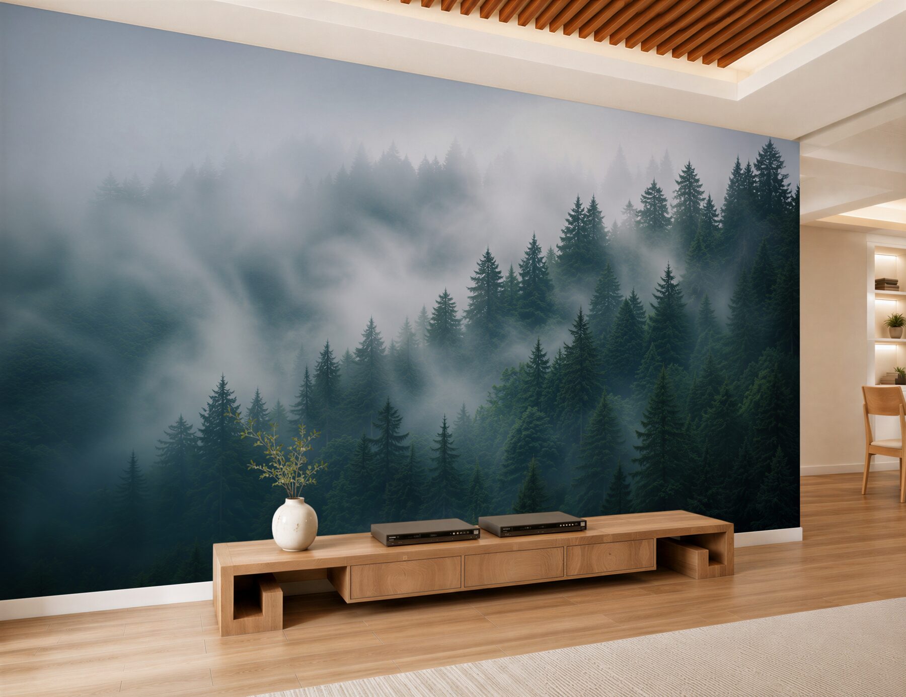 Fotobehang ochtend in een mistig dennenbos