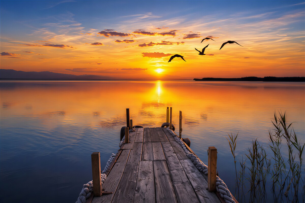 Fotobehang warme zonsondergang op een brug met meeuwen