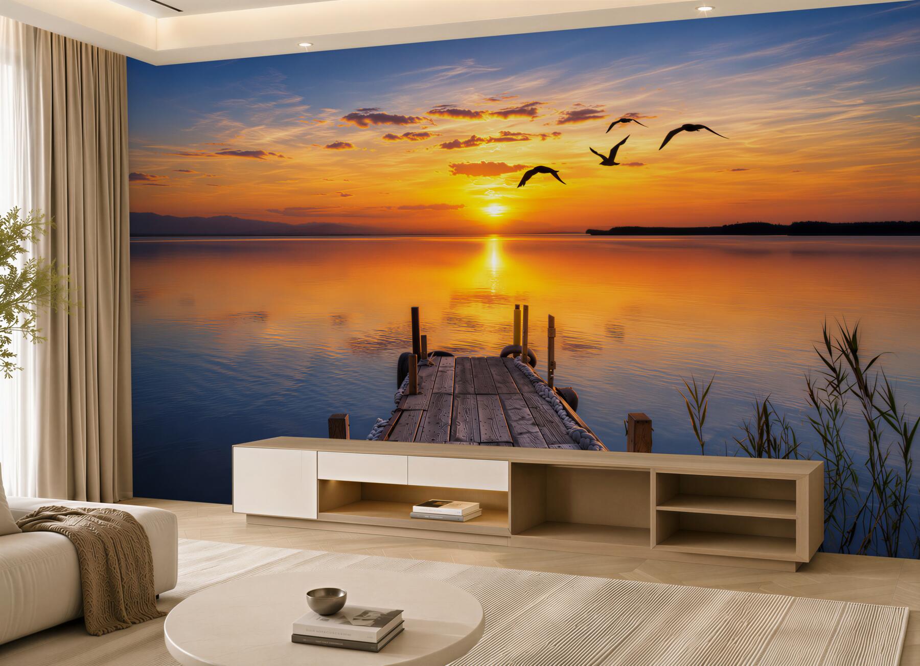 Fotobehang warme zonsondergang op een brug met meeuwen