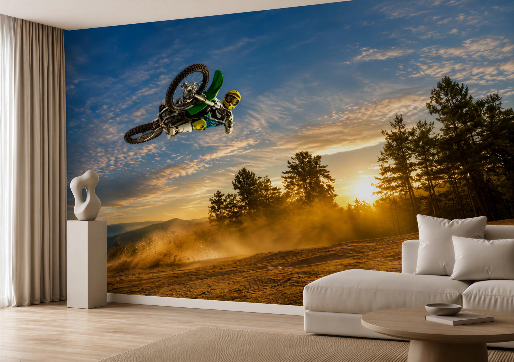 Fotobehang sprongetje van een motorrijder bij zonsondergang