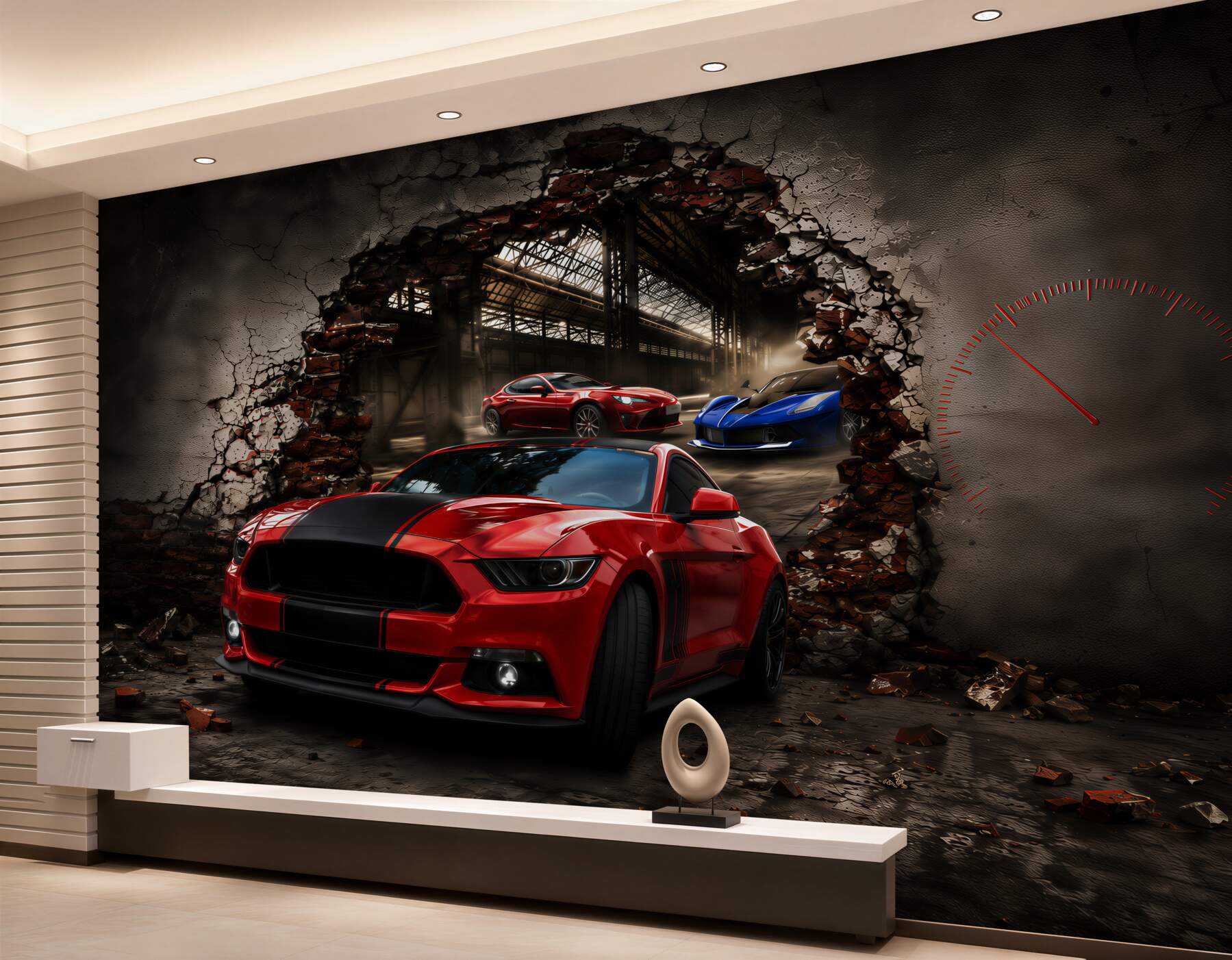 Fotobehang rode auto op de muur