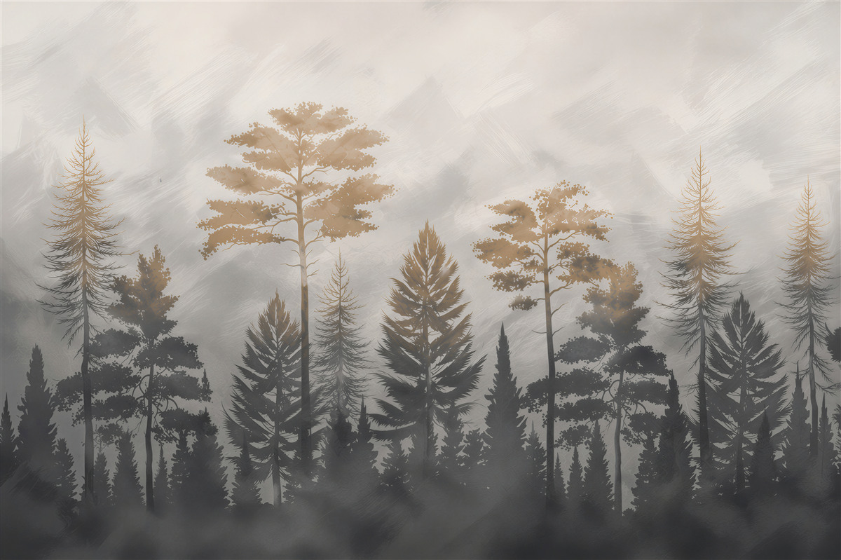 Fotobehang zon die door dikke mist in het bos breekt