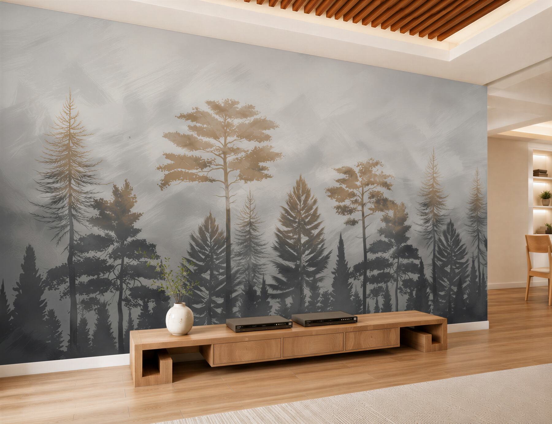 Fotobehang zon die door dikke mist in het bos breekt