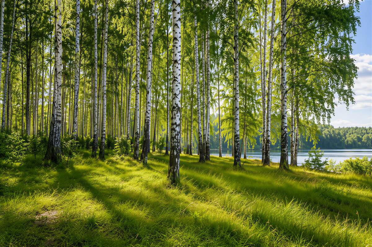 Fotobehang dageraad in een groene berkenbos