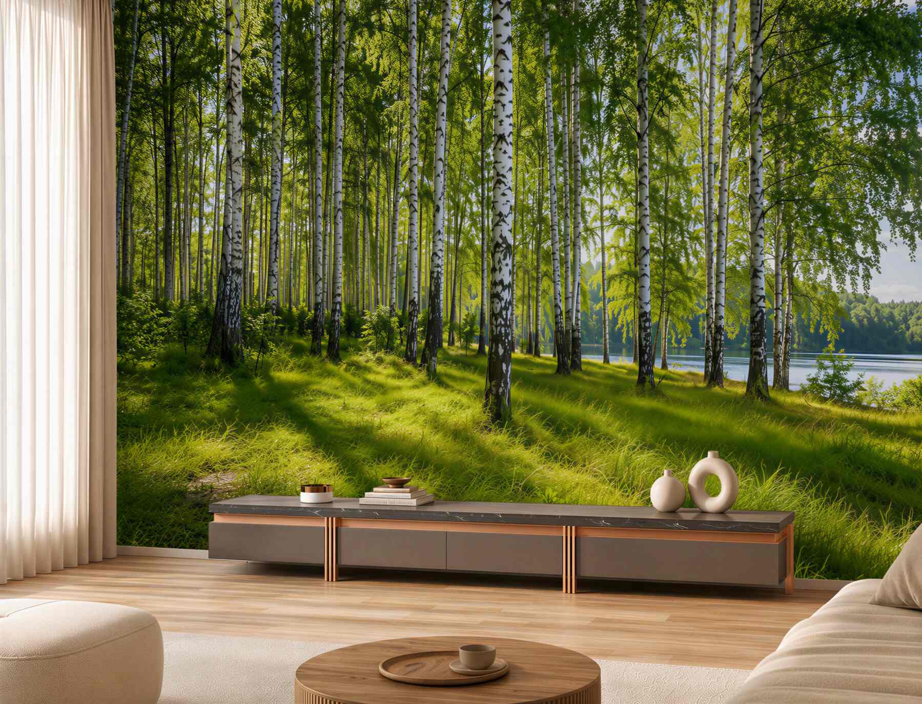 Fotobehang dageraad in een groene berkenbos