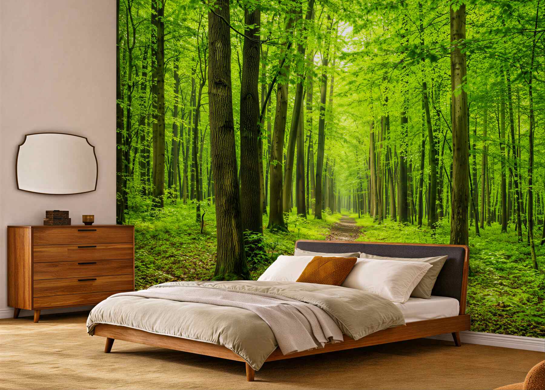 Fotobehang comfortabele pad door een slanke loofbos